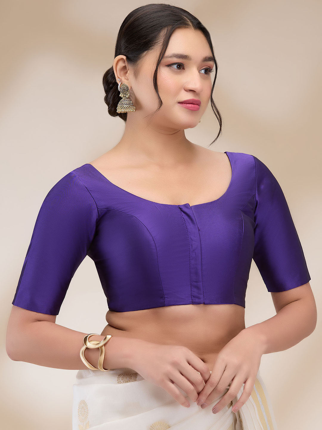 Purple Silk Blend Solid Half Sleeves Blouse