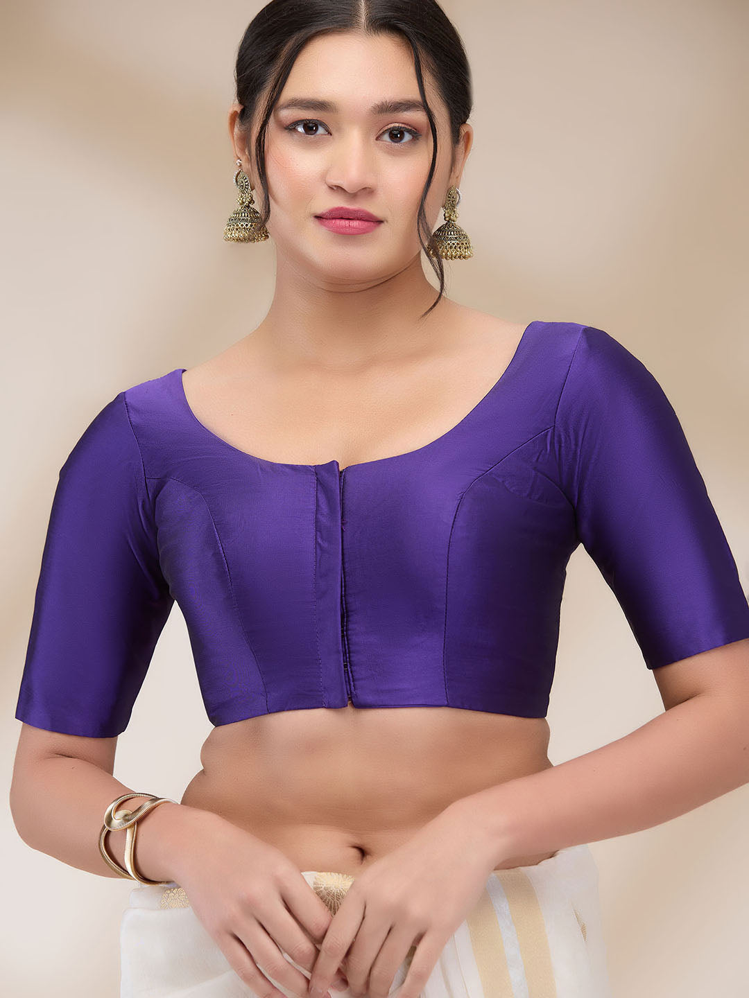 Purple Silk Blend Solid Half Sleeves Blouse