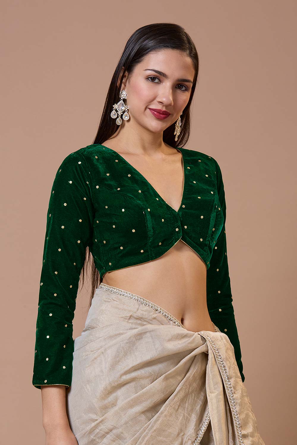 Green Velvet Embroidered V Neck Full Sleeves Blouse