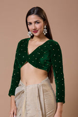 Green Velvet Embroidered V Neck Full Sleeves Blouse