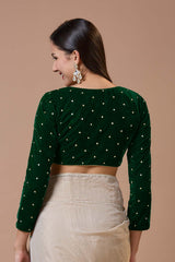 Green Velvet Embroidered V Neck Full Sleeves Blouse