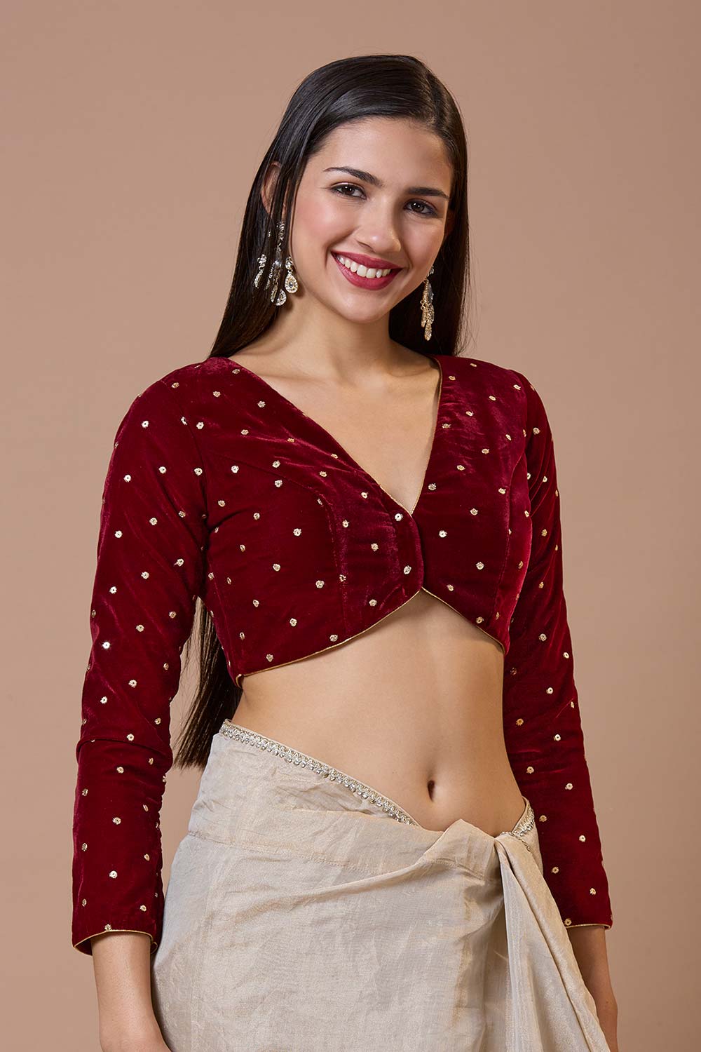 Maroon Velvet Embroidered V Neck Full Sleeves Blouse