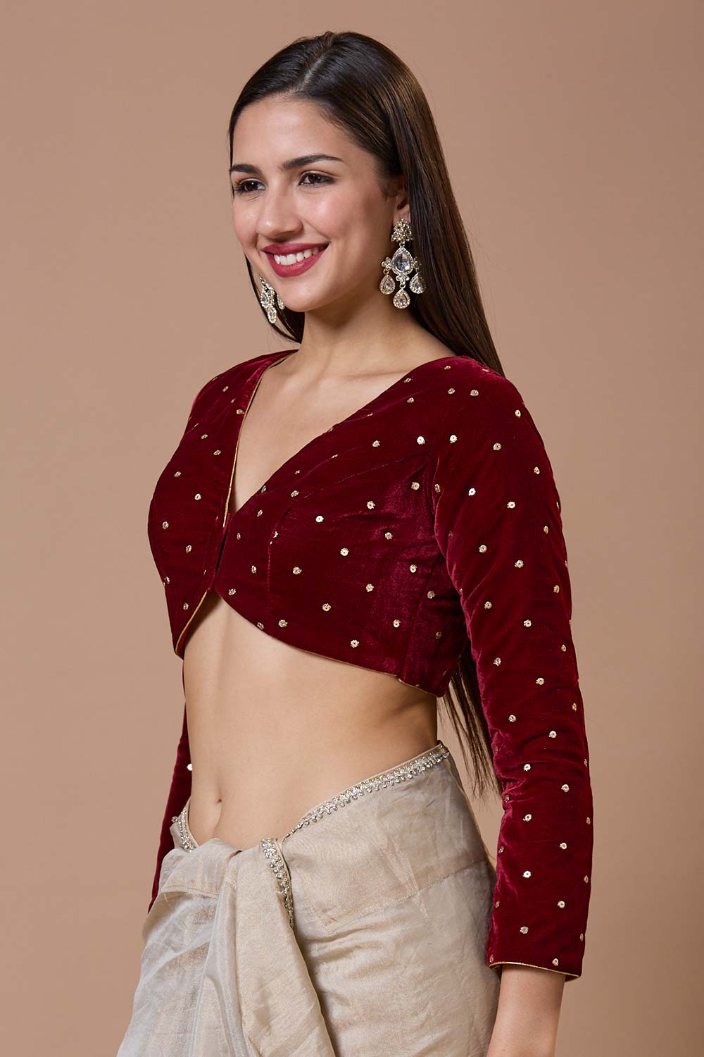 Maroon Velvet Embroidered V Neck Full Sleeves Blouse