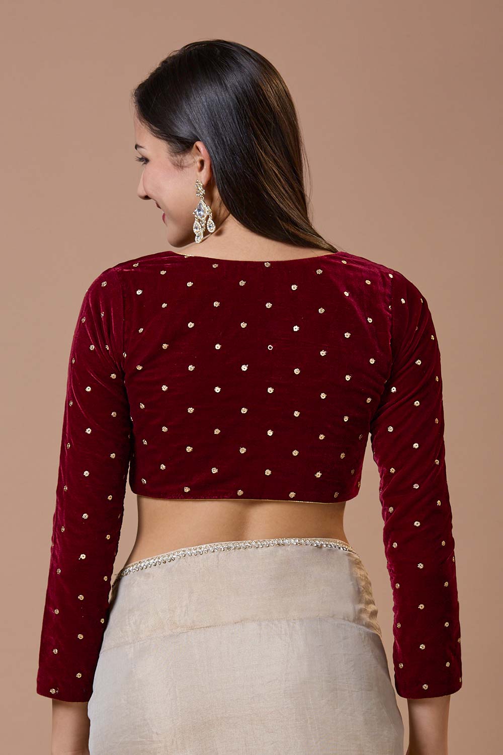 Maroon Velvet Embroidered V Neck Full Sleeves Blouse