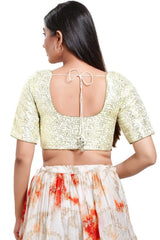 Off White Brocade V-Neck Elbow Sleeves Blouse