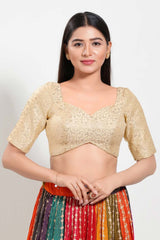 Gold Brocade Sweatheart Neck Elbow Sleeves Blouse