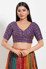 Purple Brocade V-Neck Elbow Sleeves Blouse