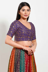 Purple Brocade V-Neck Elbow Sleeves Blouse