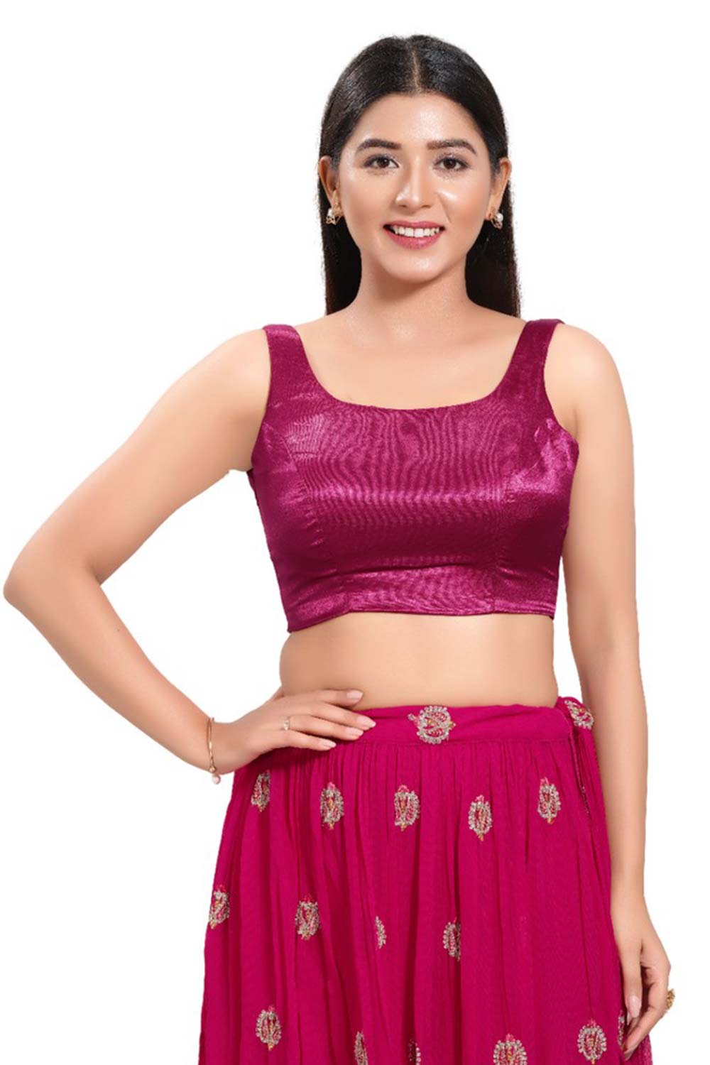 Magenta Silk Round Neck Sleeveless Blouse