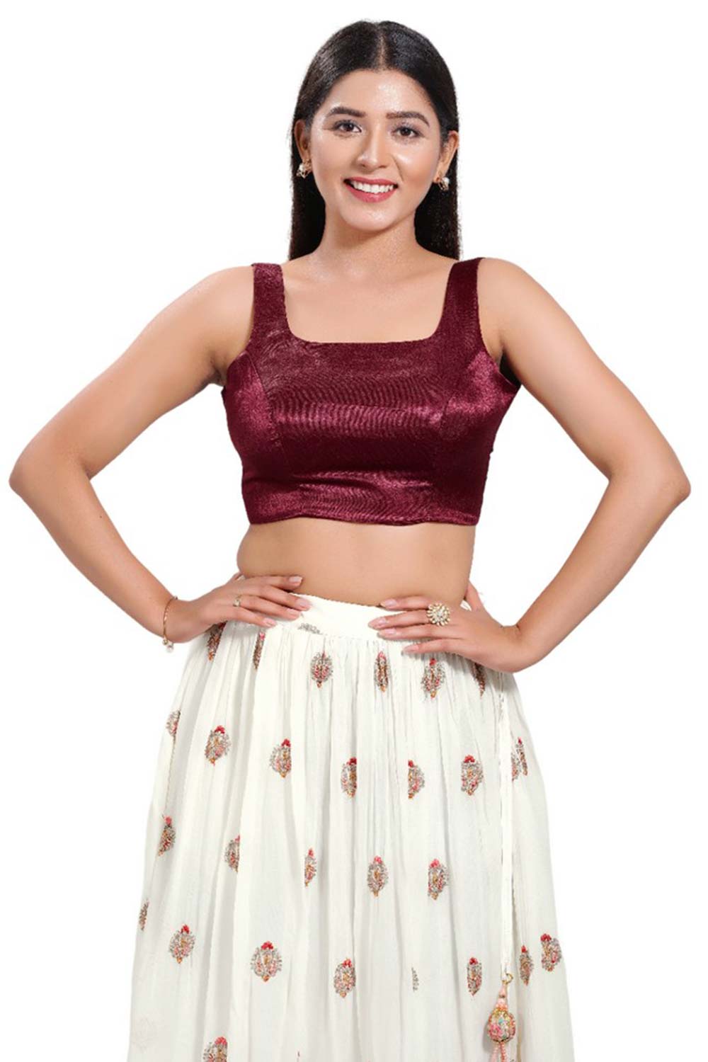 Maroon Silk Round Neck Sleeveless Blouse