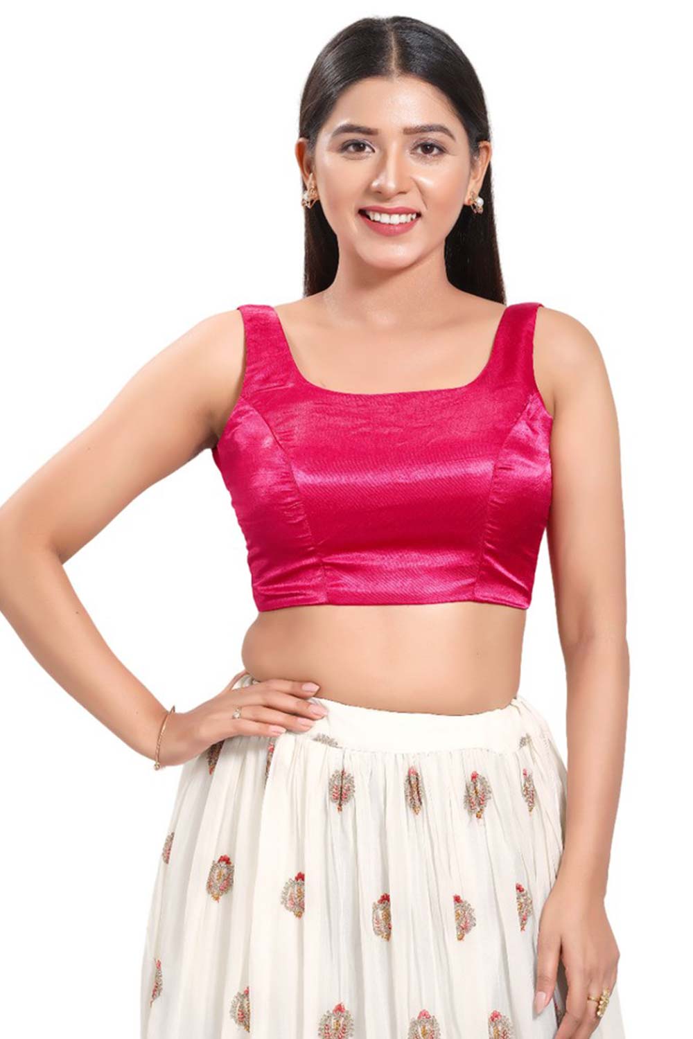 Pink Silk Round Neck Sleeveless Blouse