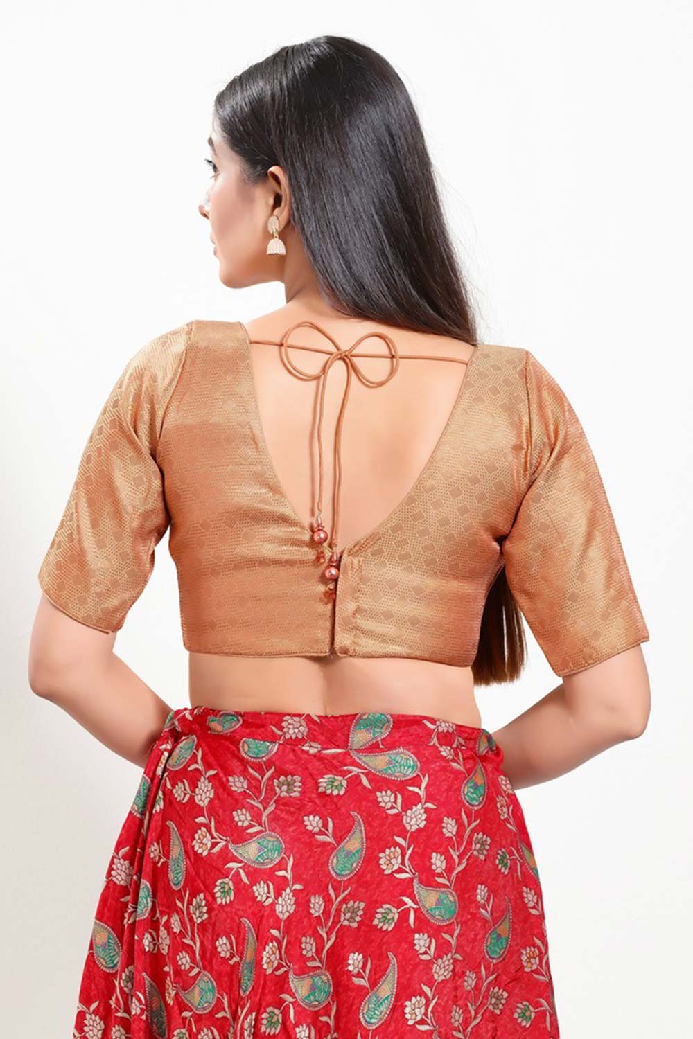 Copper Brocade V-Neck Elbow Sleeves Blouse