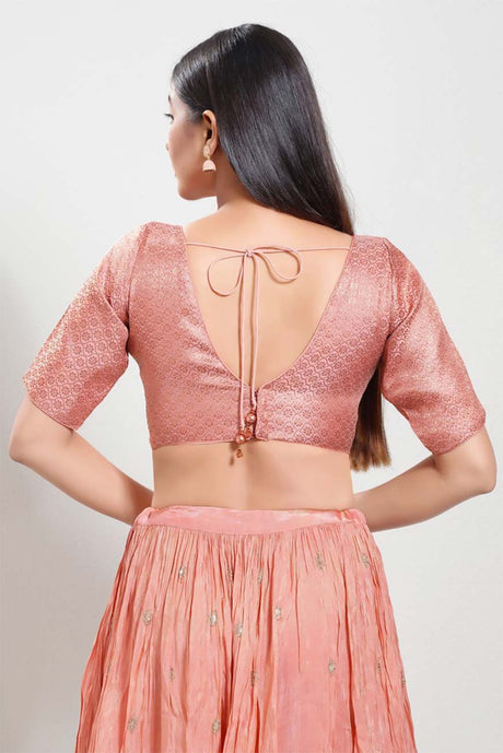 Rose Gold Brocade V-Neck Elbow Sleeves Blouse