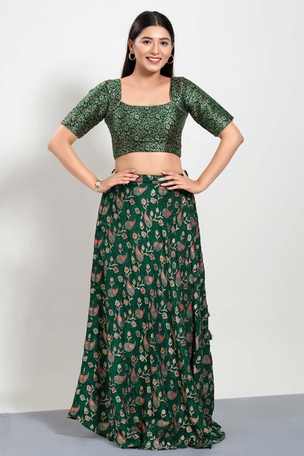 Bottle Green Brocade Square Neck Elbow Sleeves Blouse