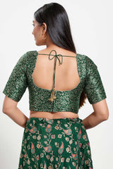 Bottle Green Brocade Square Neck Elbow Sleeves Blouse