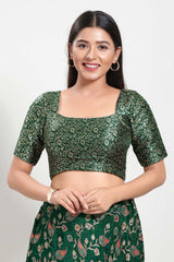 Bottle Green Brocade Square Neck Elbow Sleeves Blouse