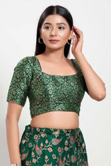 Bottle Green Brocade Square Neck Elbow Sleeves Blouse