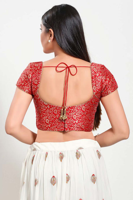 Red Brocade Square Neck Elbow Sleeves Blouse