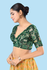 Bottle Green Brocade Back Open Elbow Sleeves Blouse