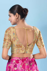 Gold Brocade Back Open Elbow Sleeves Blouse