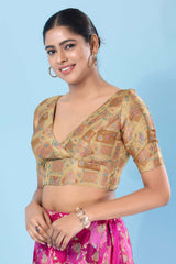 Gold Brocade Back Open Elbow Sleeves Blouse