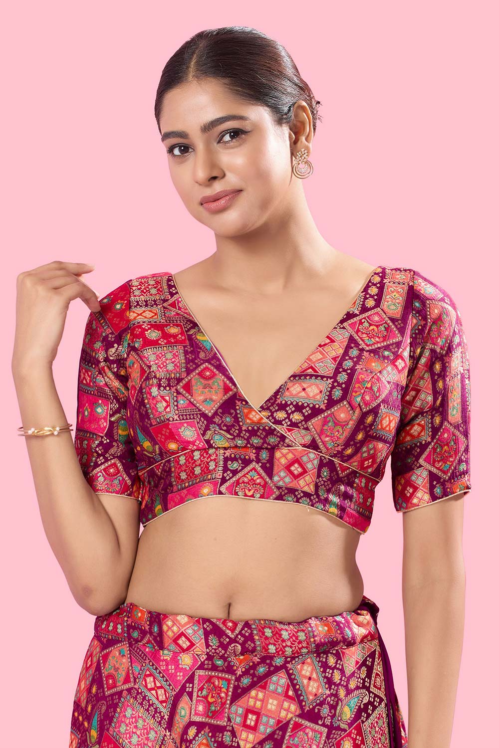 Magenta Brocade Back Open Elbow Sleeves Blouse