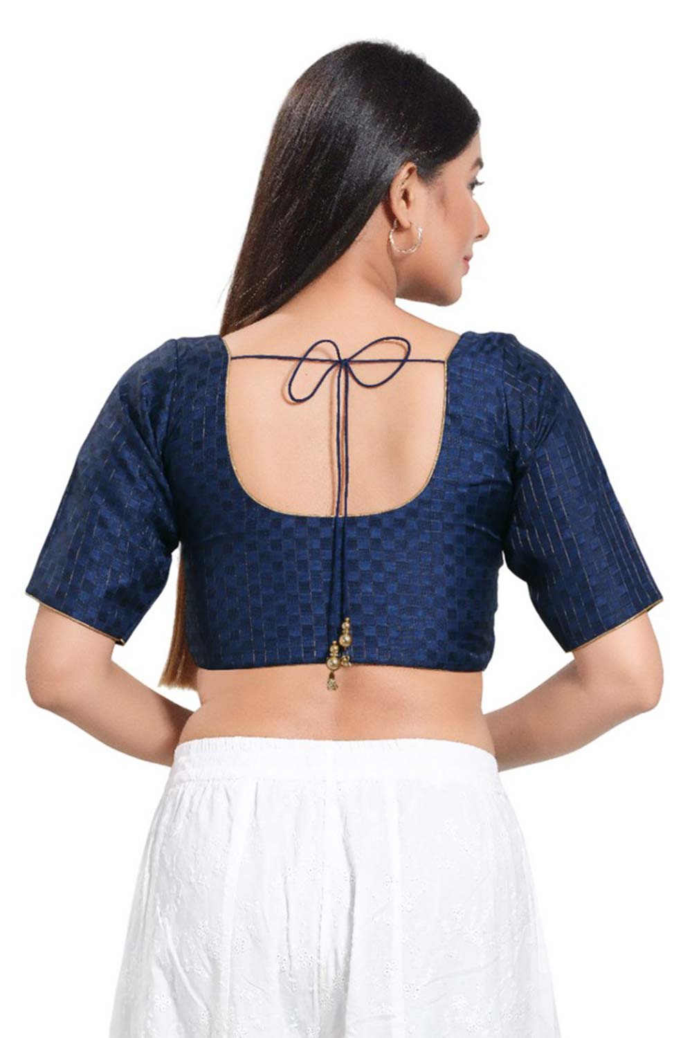 Navy Blue Jacquard Round Neck Elbow Sleeves Blouse