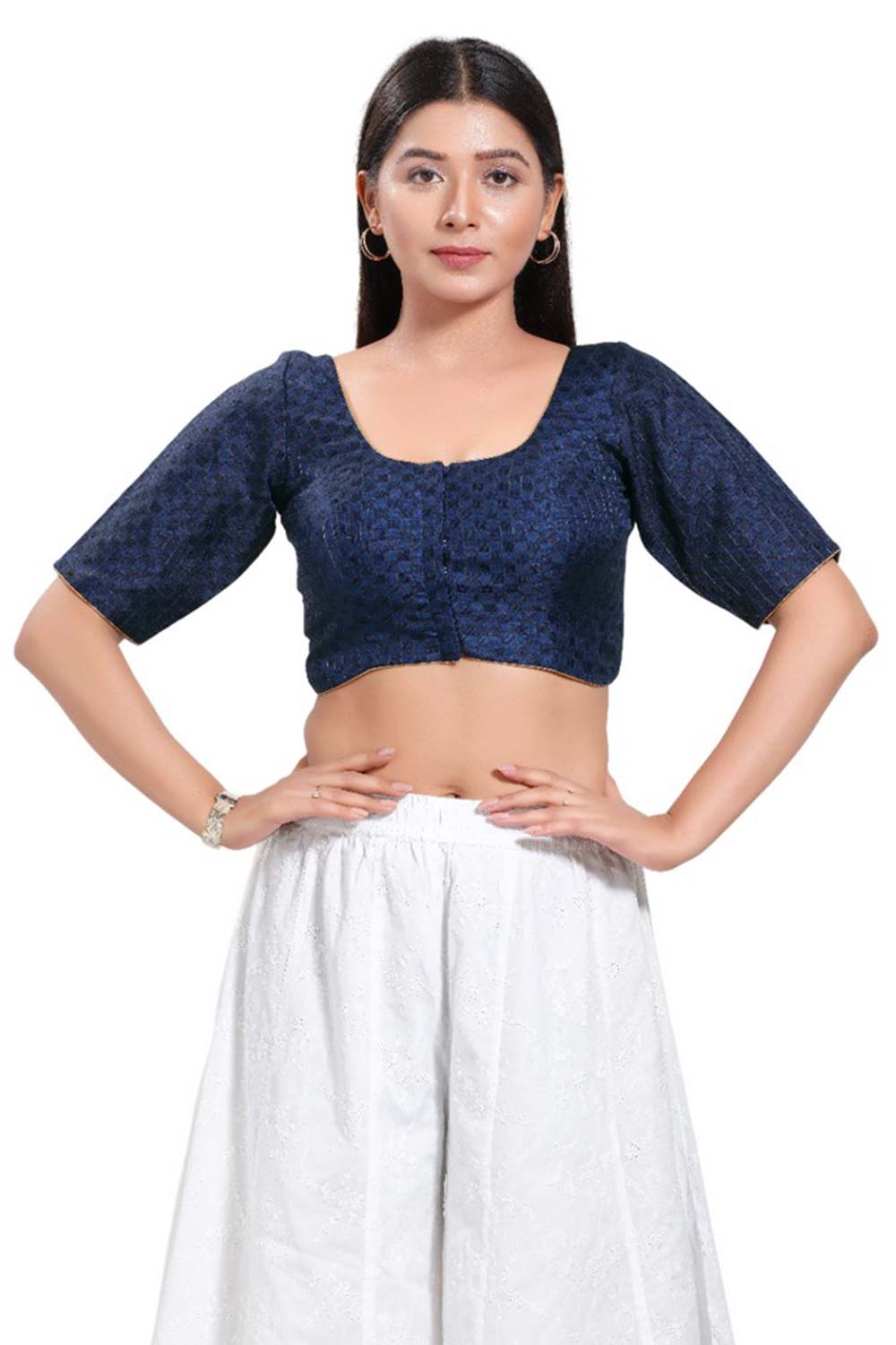 Navy Blue Jacquard Round Neck Elbow Sleeves Blouse