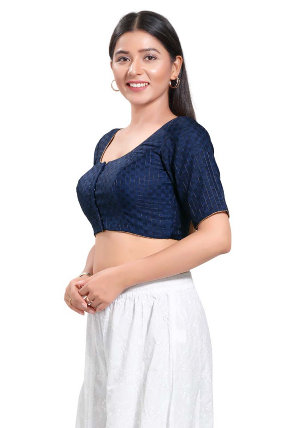 Navy Blue Jacquard Round Neck Elbow Sleeves Blouse