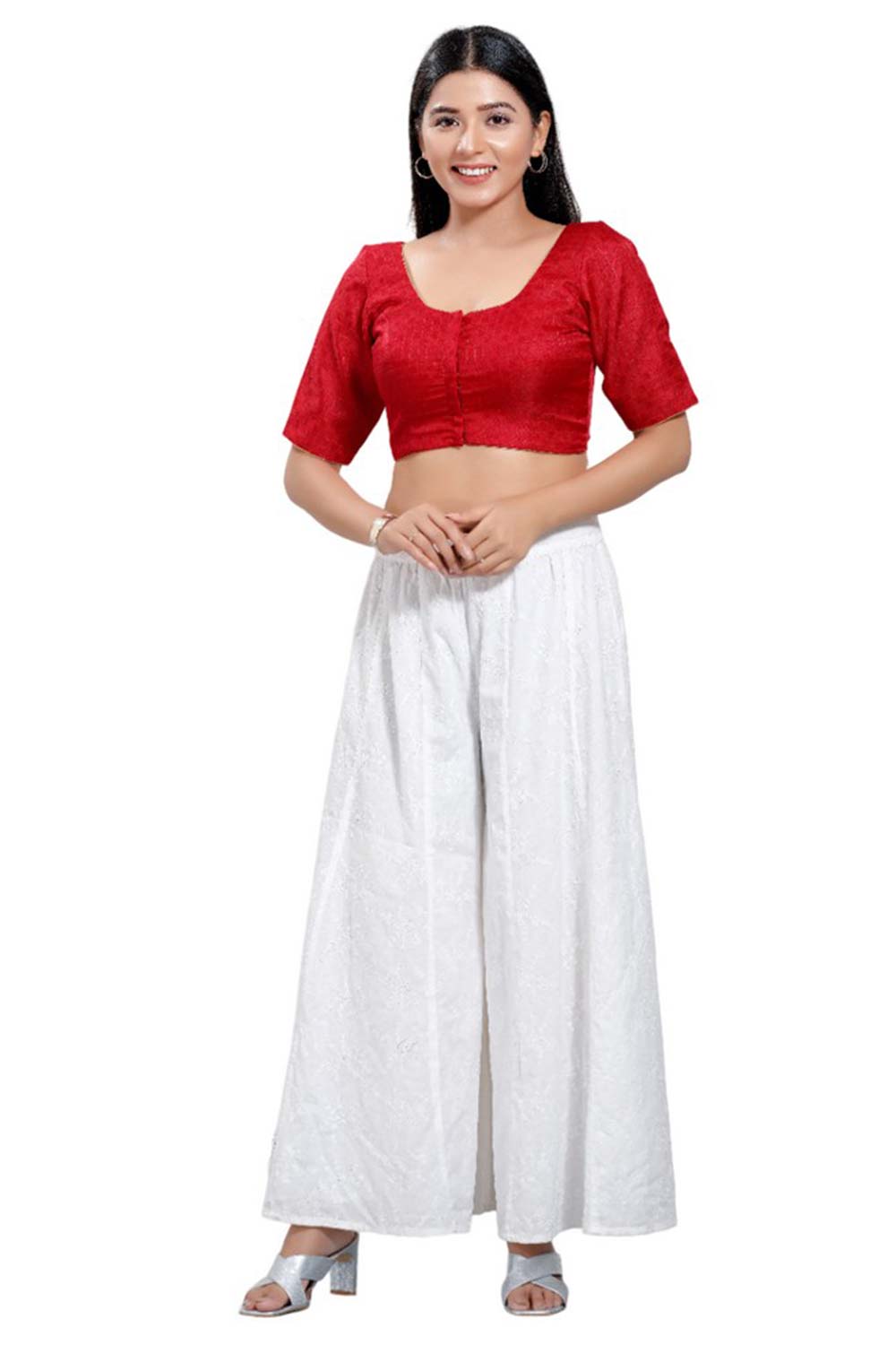 Red Jacquard Round Neck Elbow Sleeves Blouse