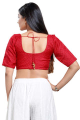 Red Jacquard Round Neck Elbow Sleeves Blouse