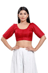 Red Jacquard Round Neck Elbow Sleeves Blouse