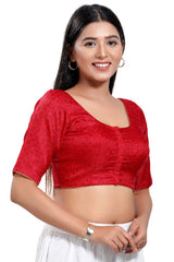 Red Jacquard Round Neck Elbow Sleeves Blouse