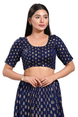 Navy Blue Brocade Round Neck Elbow Sleeves Blouse