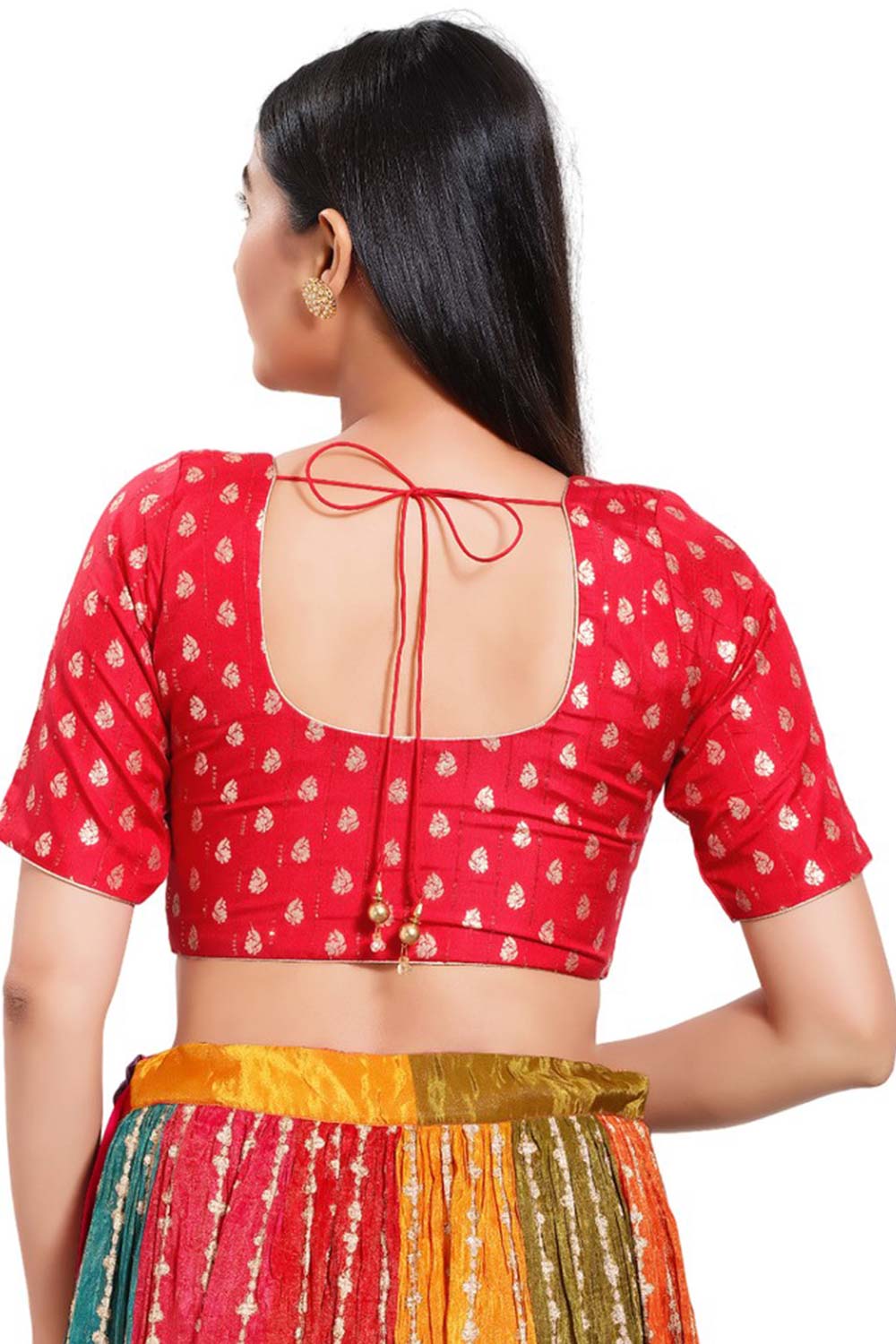 Red Brocade Round Neck Elbow Sleeves Blouse