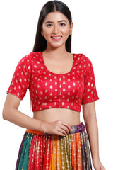 Red Brocade Round Neck Elbow Sleeves Blouse