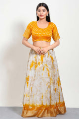 Mustard Brocade Round Neck Elbow Sleeves Blouse