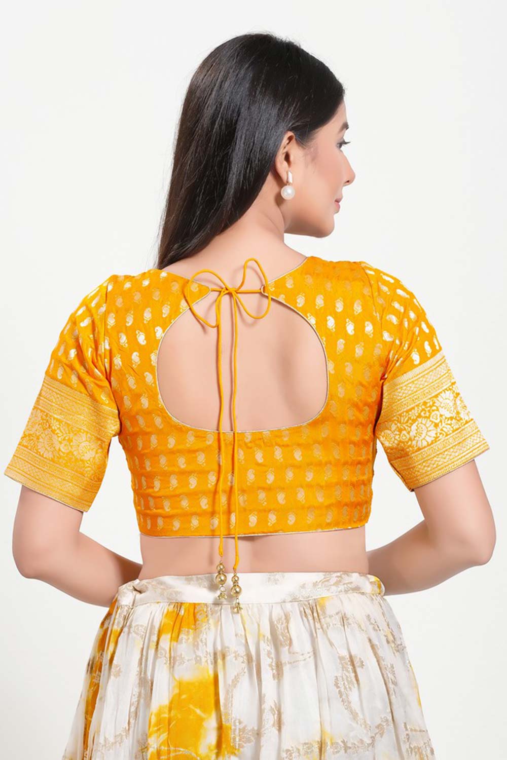 Mustard Brocade Round Neck Elbow Sleeves Blouse