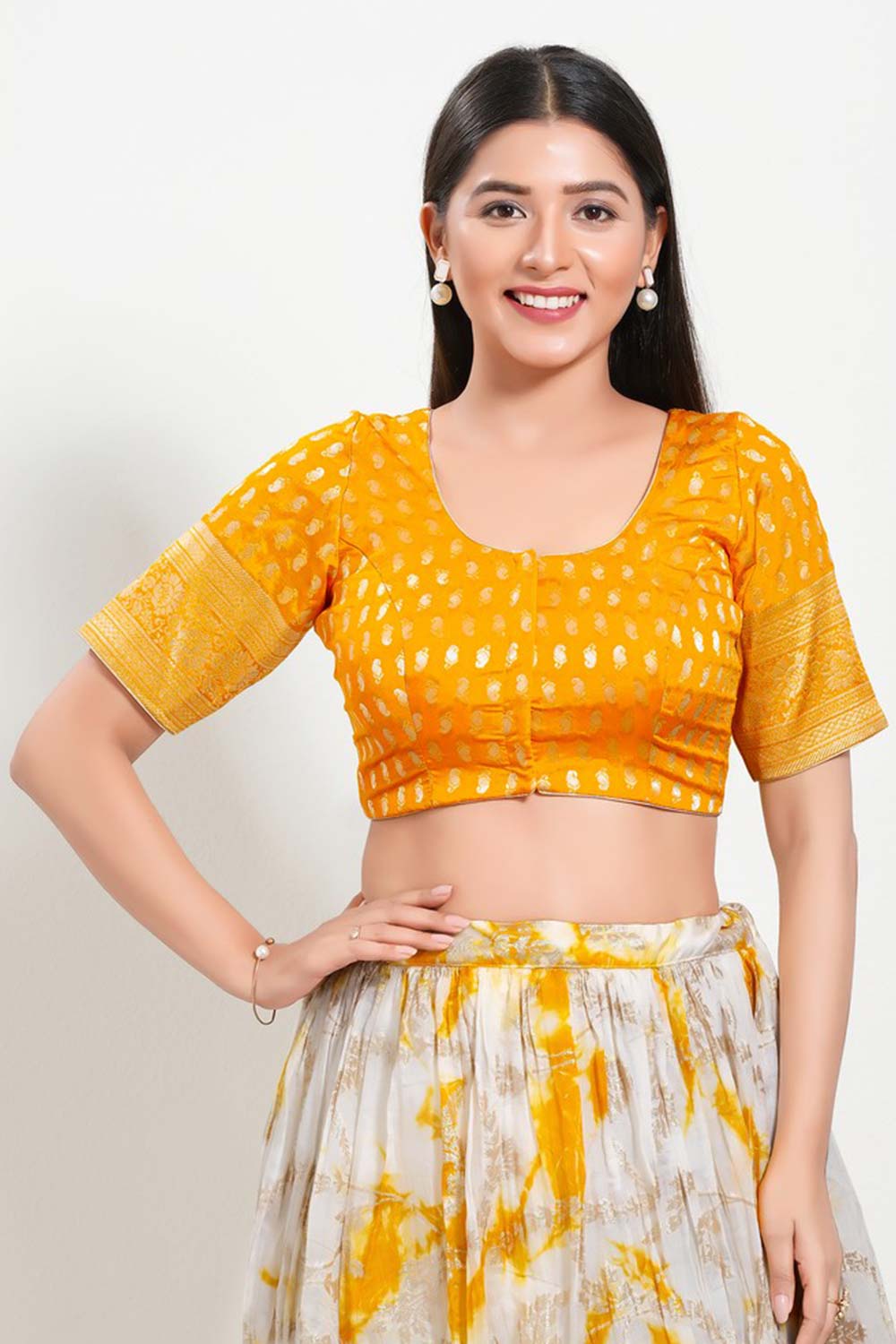 Mustard Brocade Round Neck Elbow Sleeves Blouse