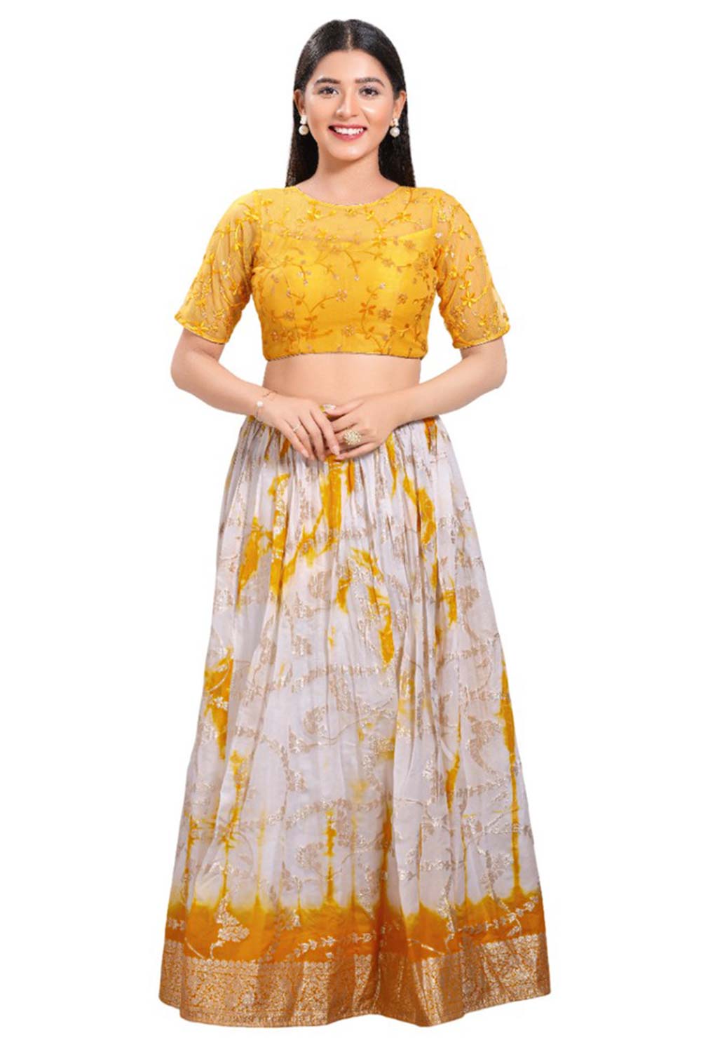 Yellow Net Round Neck Elbow Sleeves Blouse