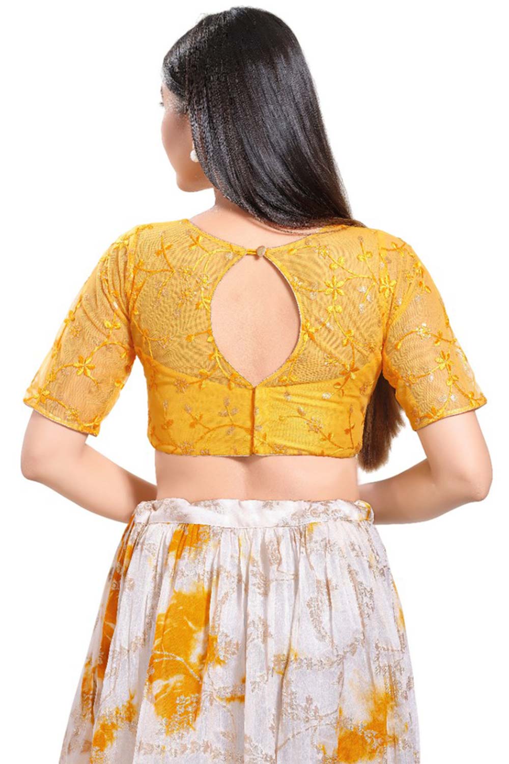 Yellow Net Round Neck Elbow Sleeves Blouse