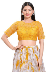 Yellow Net Round Neck Elbow Sleeves Blouse