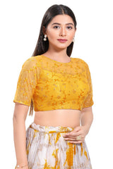 Yellow Net Round Neck Elbow Sleeves Blouse