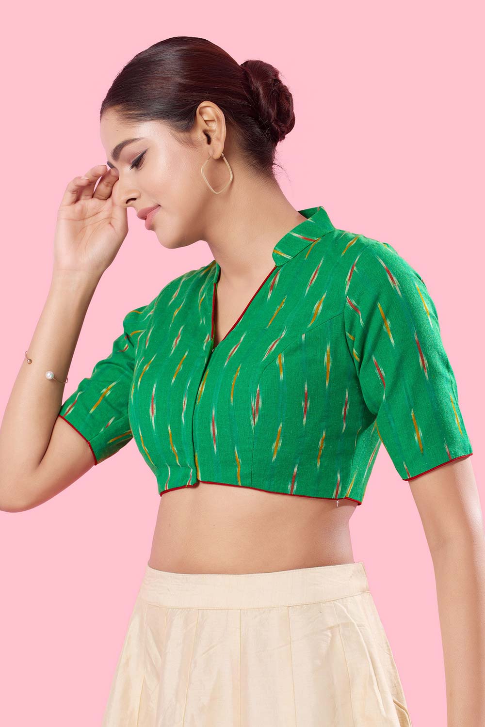 Green Cotton Front Open Elbow Sleeves Blouse