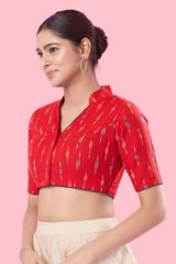 Red Cotton Front Open Elbow Sleeves Blouse