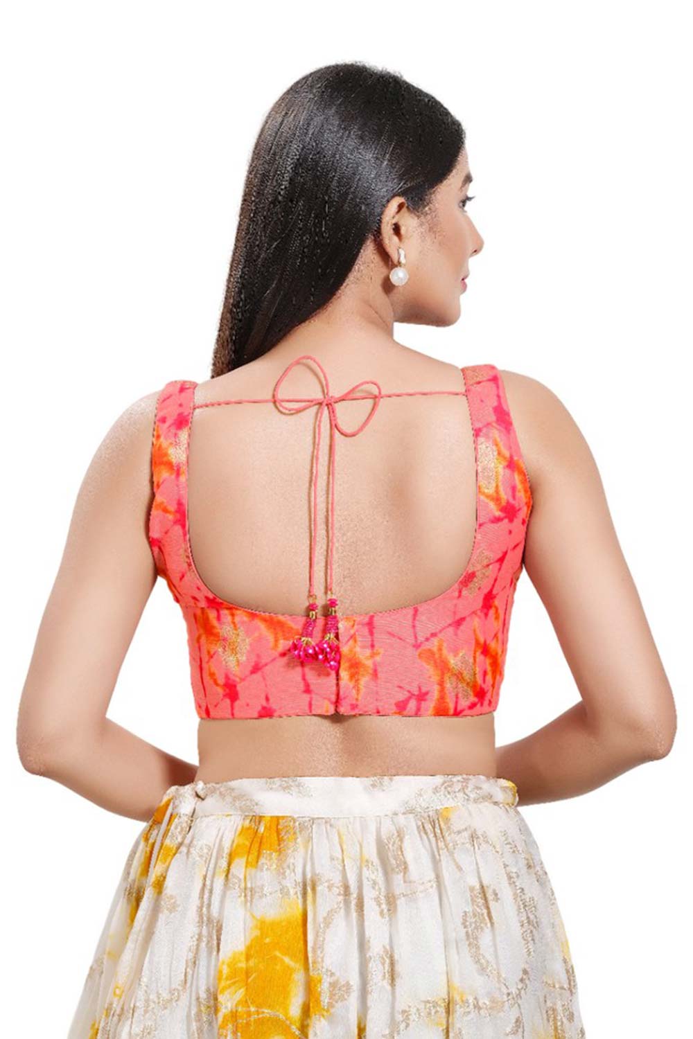 Pink Brocade Round Neck Sleeveless Blouse