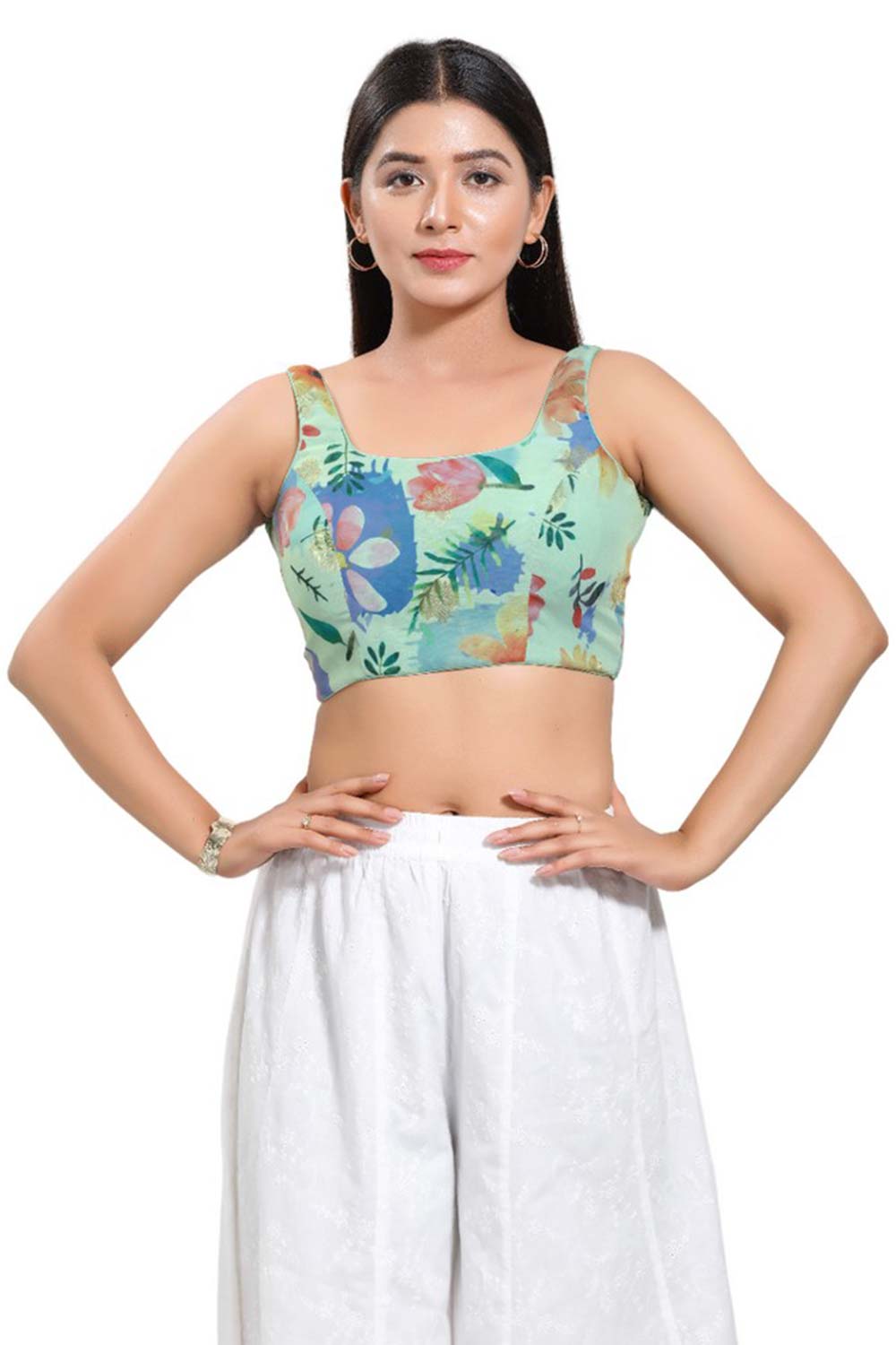 Pista Green Brocade Round Neck Sleeveless Blouse