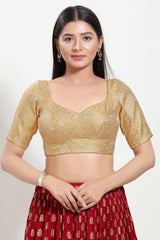 Gold Jacquard V-Neck Elbow Sleeves Blouse