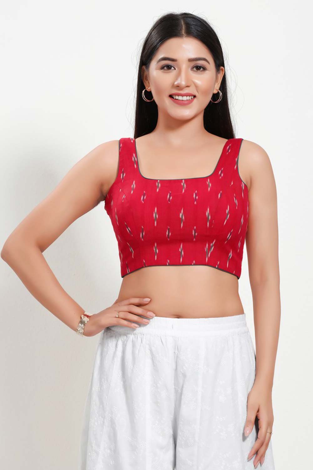 Red Cotton Round Neck Sleeveless Blouse