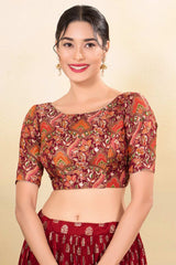 Maroon Jacquard Woven Elbow Sleeves Blouse